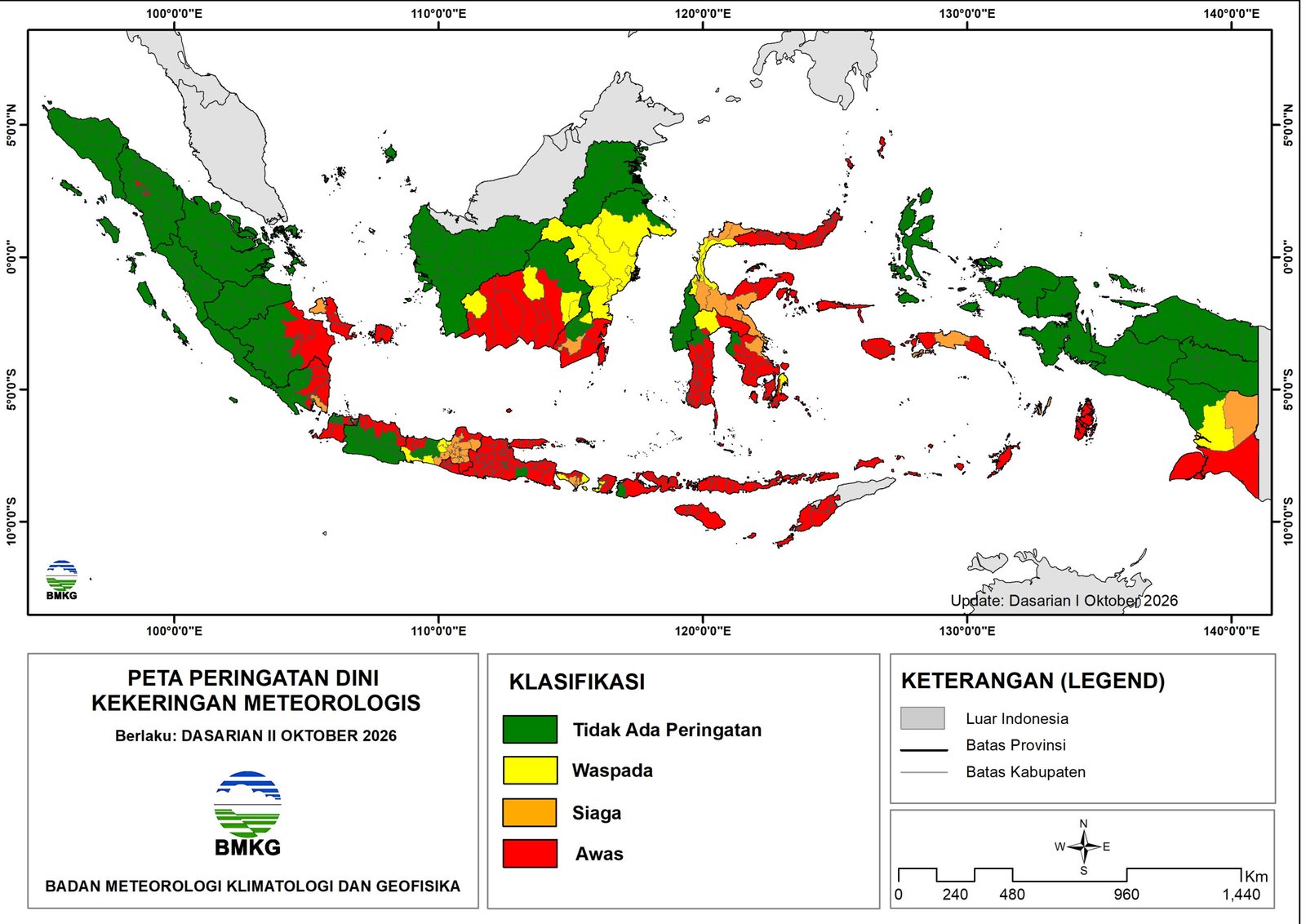 Peringatan Dini Kekeringan Meteorologis Oktober 2026, Sejumlah Wilayah Berstatus Siaga hingga Awas